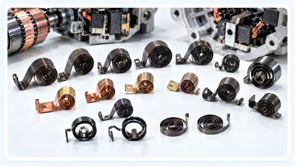 Carbon brush springs for automotive motors, starters, and generators