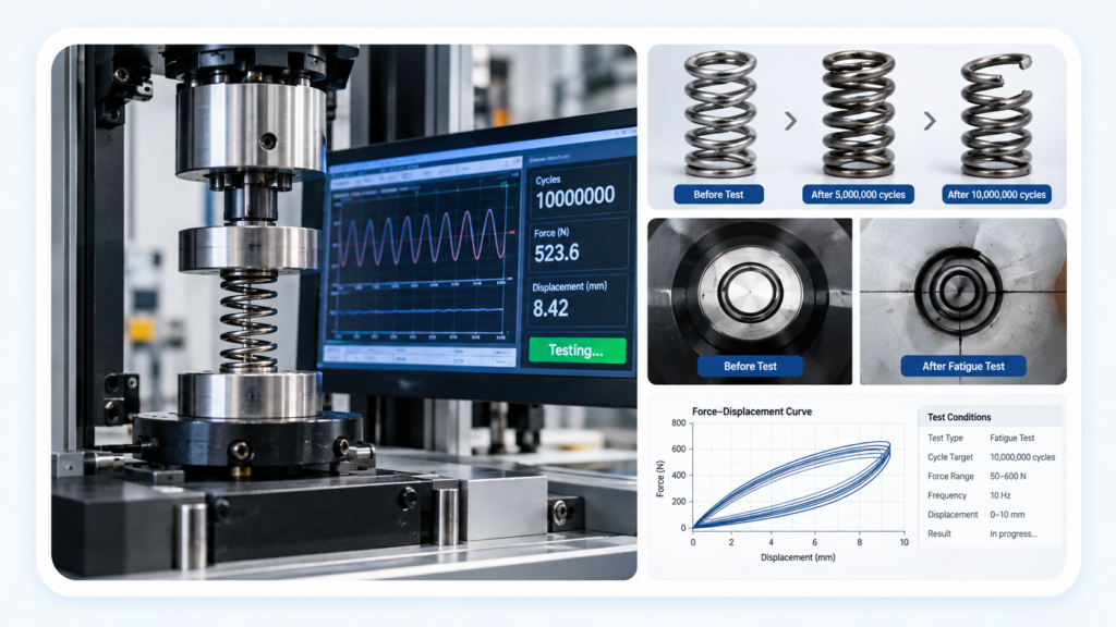 Spring fatigue testing equipment, cycle comparison, and validation results