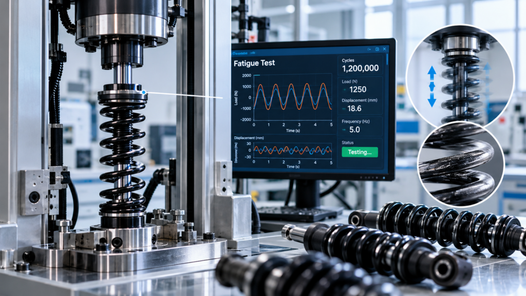 Shock absorber spring fatigue testing with load and displacement monitoring